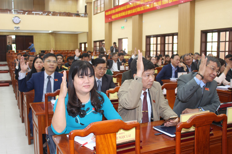 Các đại biểu HĐND tỉnh khóa IX đại diện cho cử tri và Nhân dân các địa phương trong tỉnh biểu quyết thông qua nghị quyết lựa chọn phương án đầu tư Dự án cao tốc Tân Phú - Bảo Lộc theo phương thức đối tác công tư (PPP)