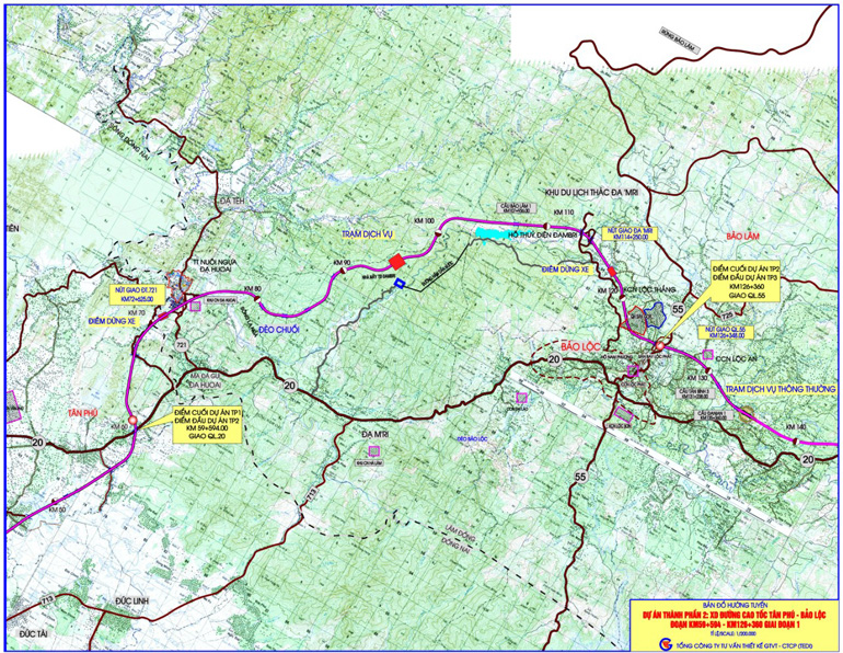Bản đồ hướng tuyến Dự án cao tốc Tân Phú - Bảo Lộc